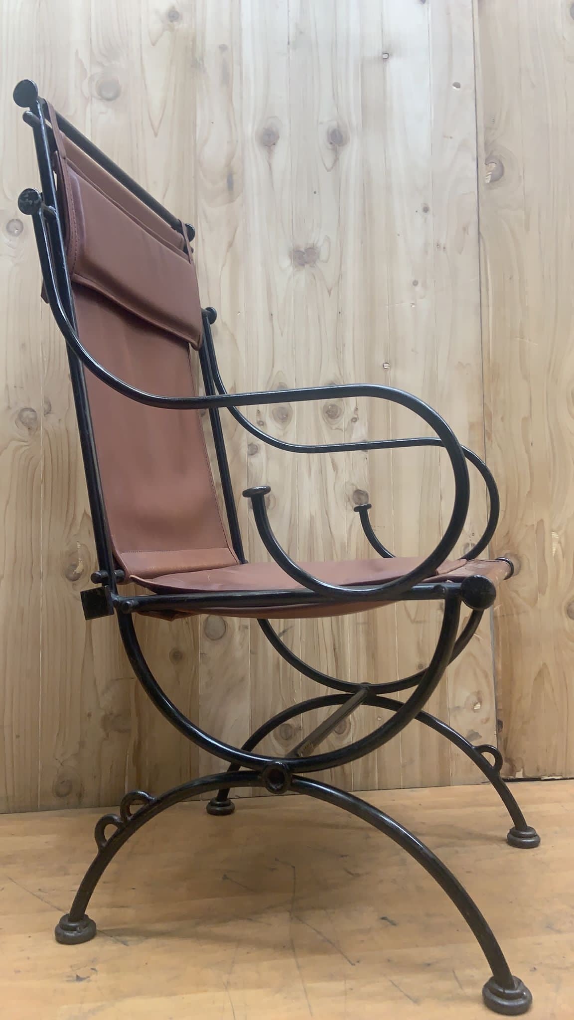 Vintage Brutalist Leather and Wrought Iron Sculpted Sling Dining Chairs by Ilana Goor - Set of 6