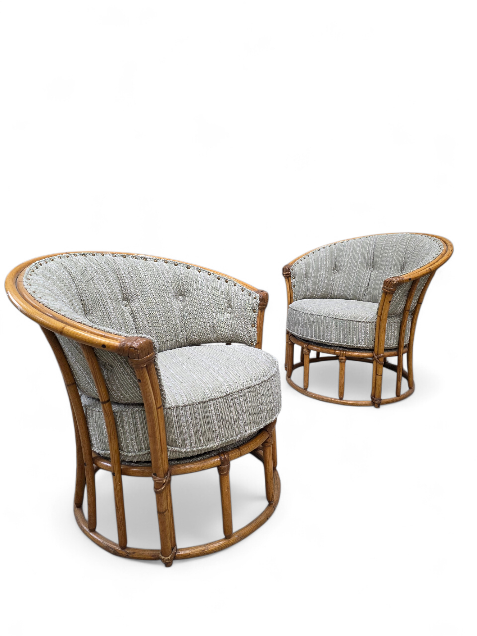 MCM Heywood Wakefield “Ashcraft” Bamboo Style Rattan Chairs Newly Reupholstered – Pair