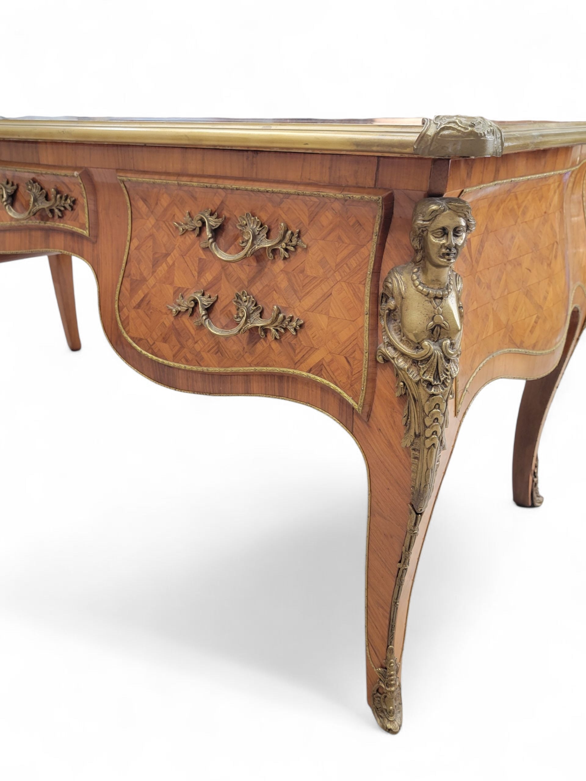 Antique French Satinwood Parquetry Louis XVI Writing Desk, Tooled Leather Top & Ormolu