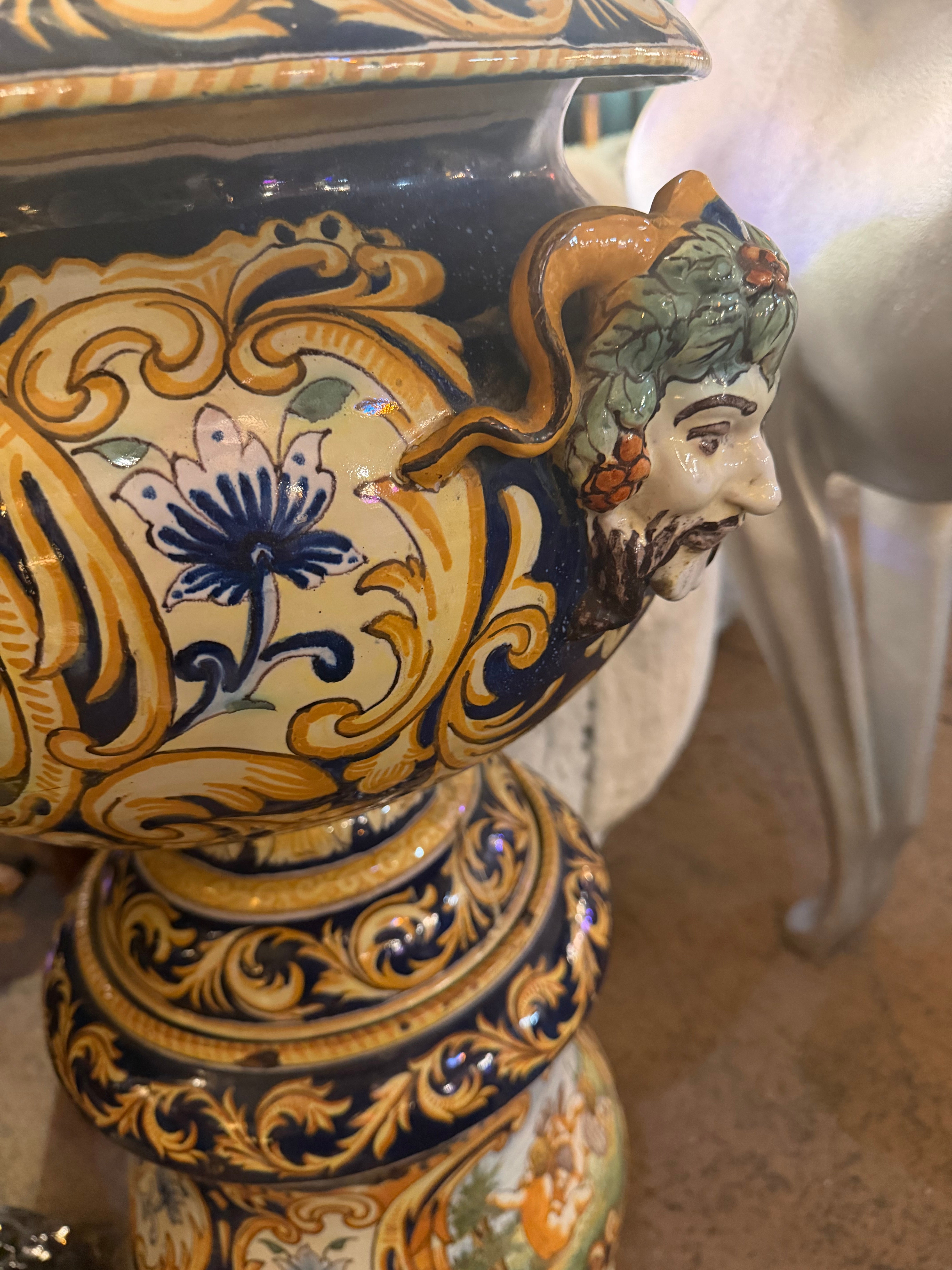 Antique French Montagnon Nevers Majolica Jardinière on Pedestal