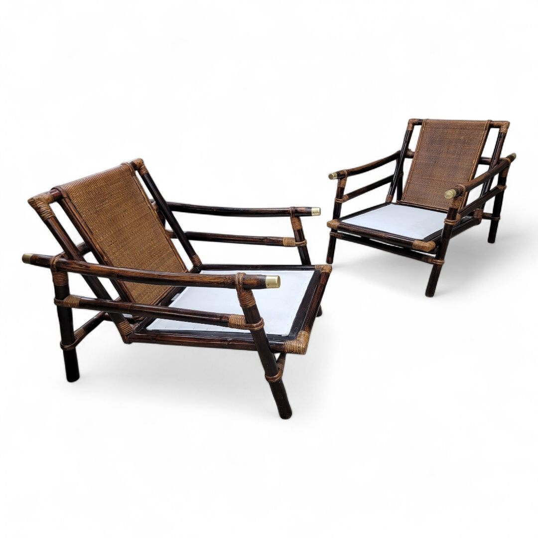 Vintage Pagoda Bamboo Rattan Lounge Chairs by Ficks Reed - Set of 2