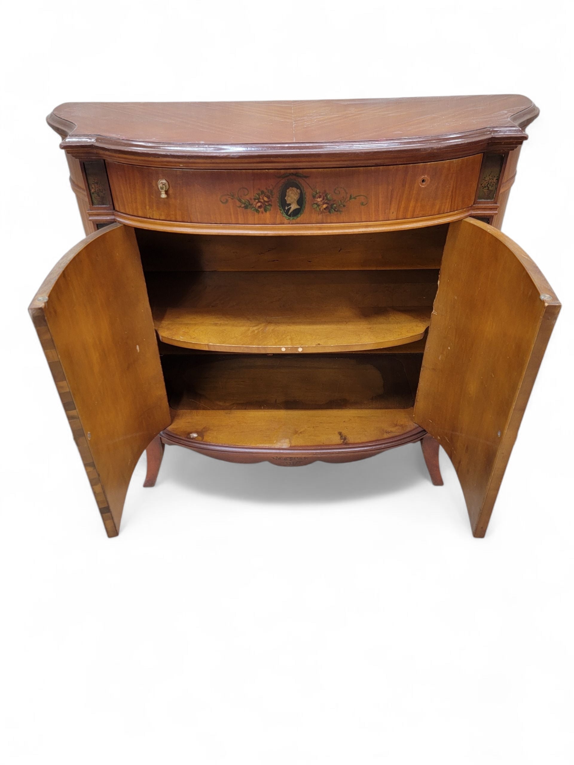 Antique French Neoclassical Style Hand Painted Satinwood Demilune Console Storage Cabinet