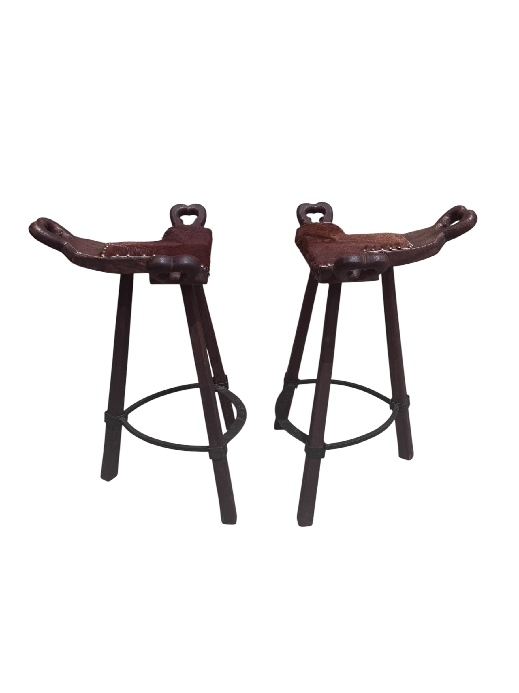 Primitive Asian Birthing Chair Inspired Bar Stools Newly Reupholstered in Cowhide - Pair