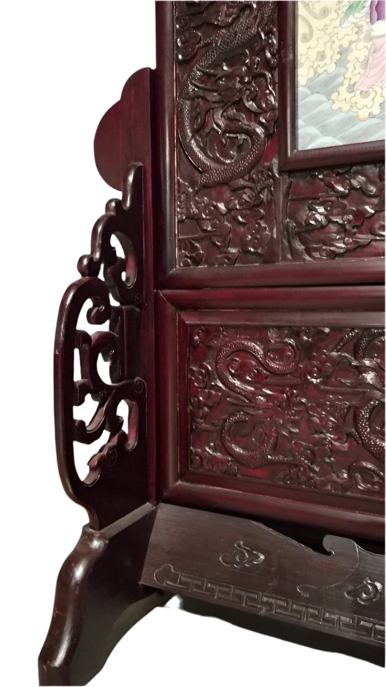 Antique Chinese Porcelain Ornate Carved Rosewood Dragon Motif Frame Screen/Room Divider