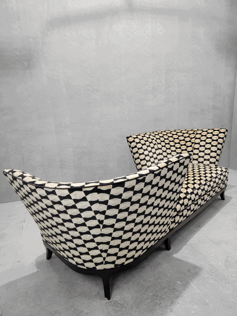 Vintage Oversized Geneva Tete-a-Tete Chaise Lounge by Donghia Newly Upholstered in Designer Bow-Tie Patterned Chenille
