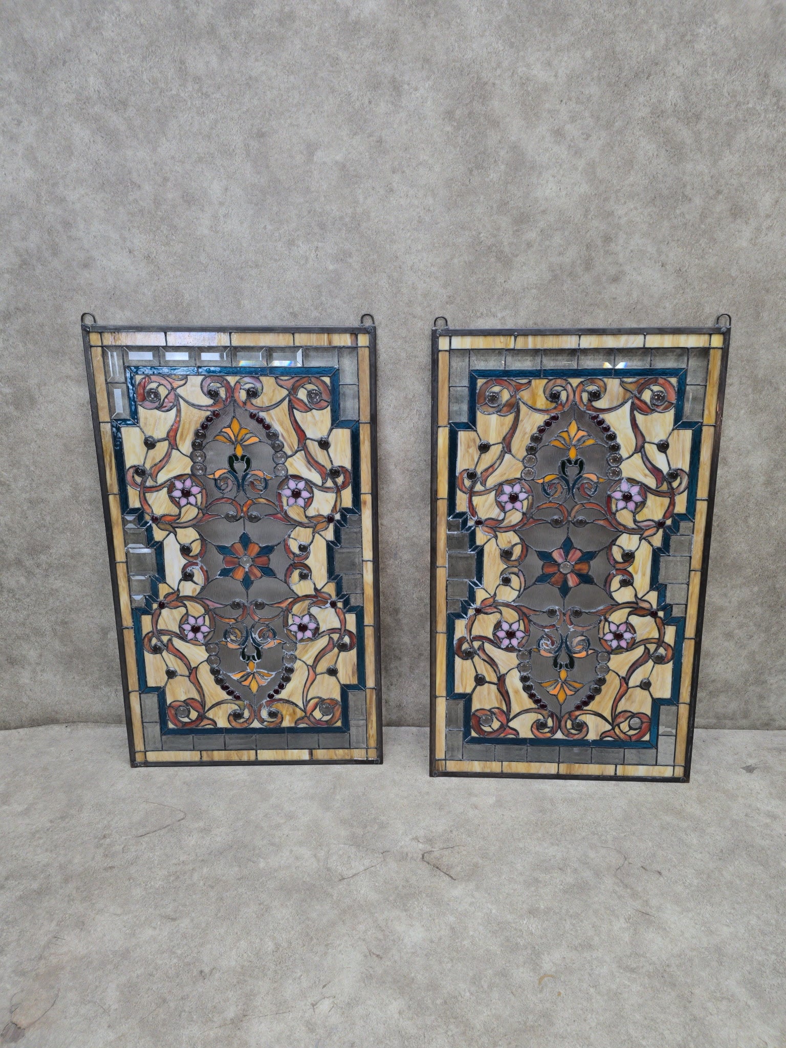 Antique Multi Color Floral Stained Glass Window - Pair