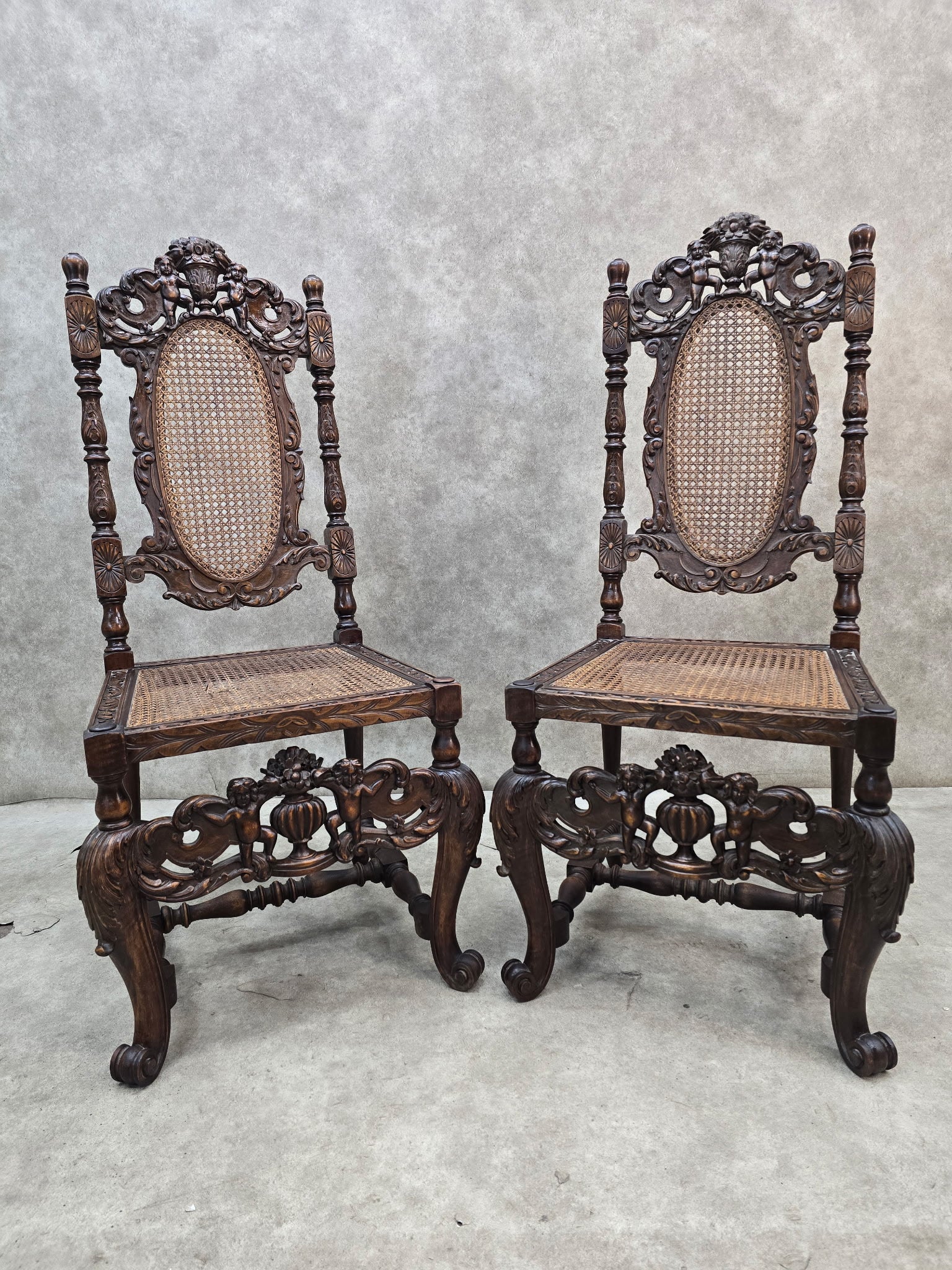 Antique Renaissance Revival Cane Throne Chairs - Pair