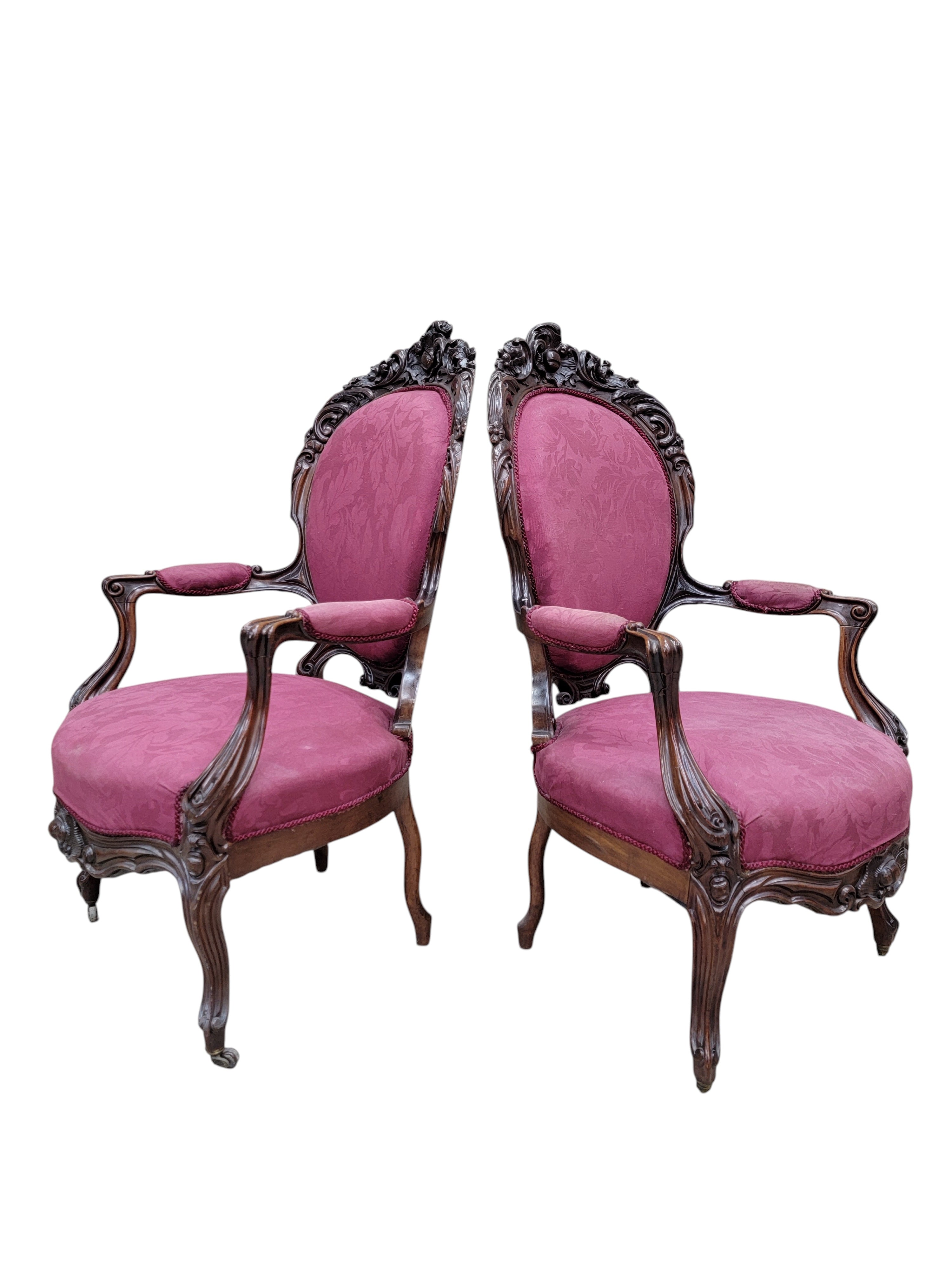 Antique French Napoleon III Carved Walnut Medallion Back Parlor Chairs – Pair