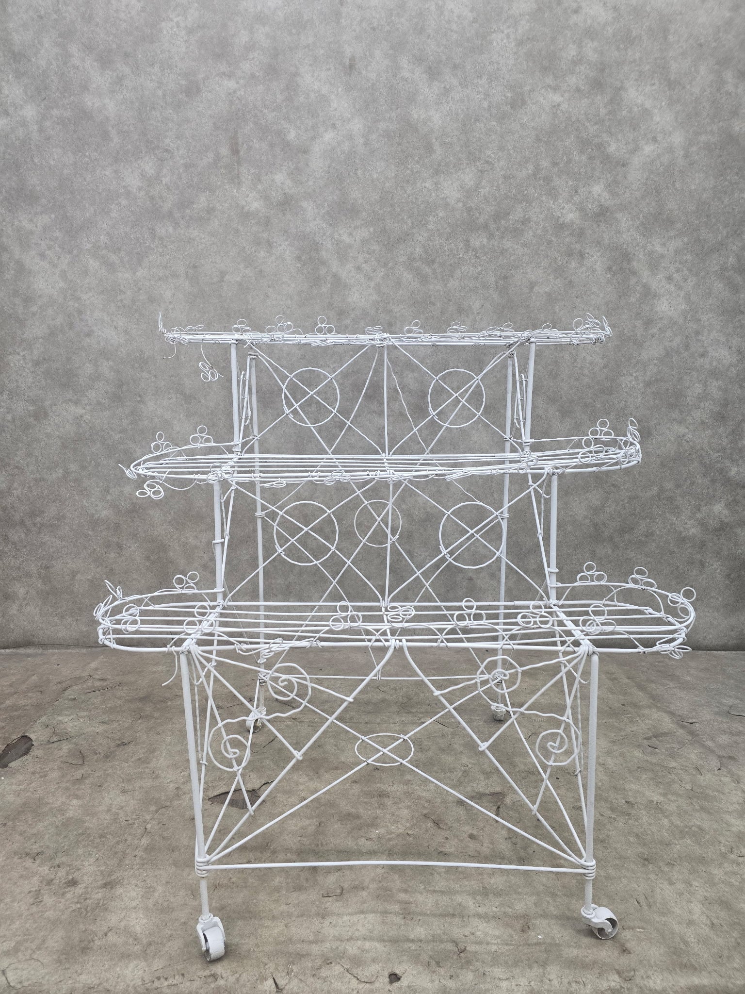Vintage White Wire 3-Tier Rolling Plant Stand on Casters