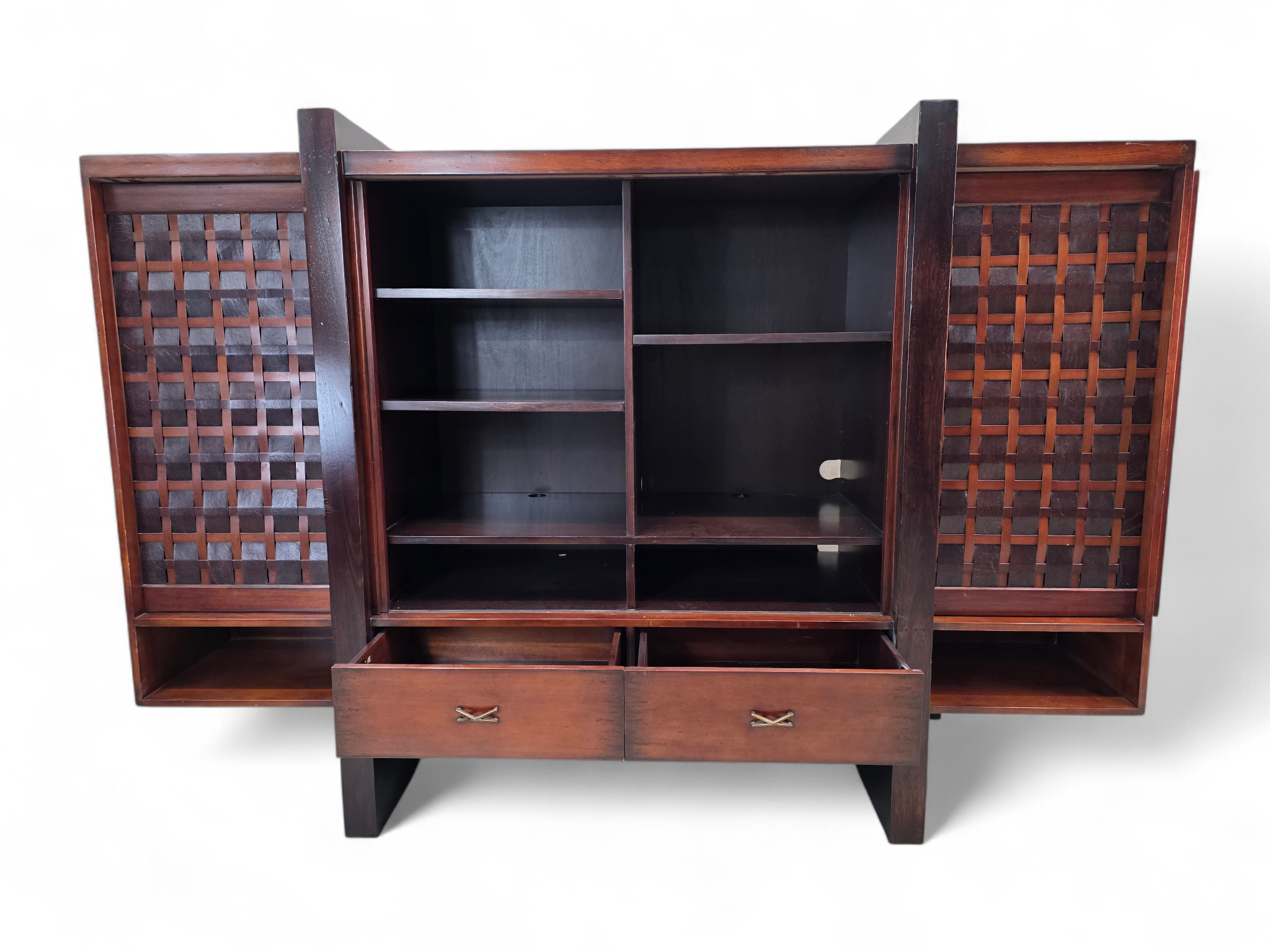 Vintage Modern Mahogany Media Console with Sliding Woven Doors by South Cone