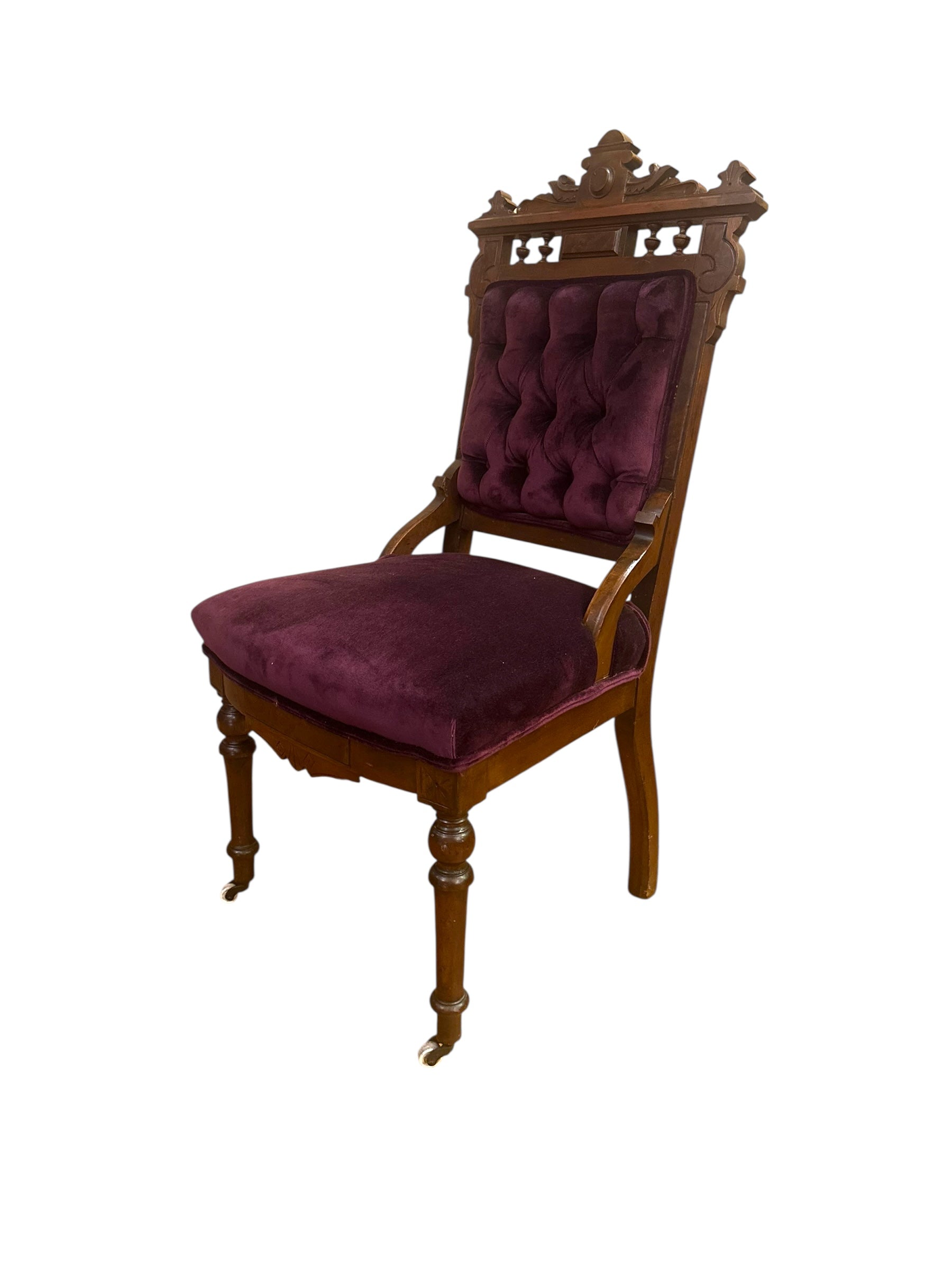 Antique Victorian Eastlake Style 3 Piece Carved Ornate Parlor Set Newly Reupholstered in a Purple Velvet