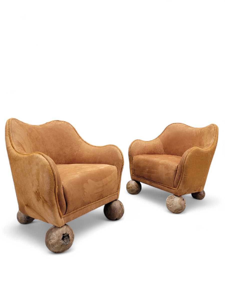 Vintage Rustic Contemporary Sculptural Club Chairs Newly Upholstered in Suede and Cowhide - Pair