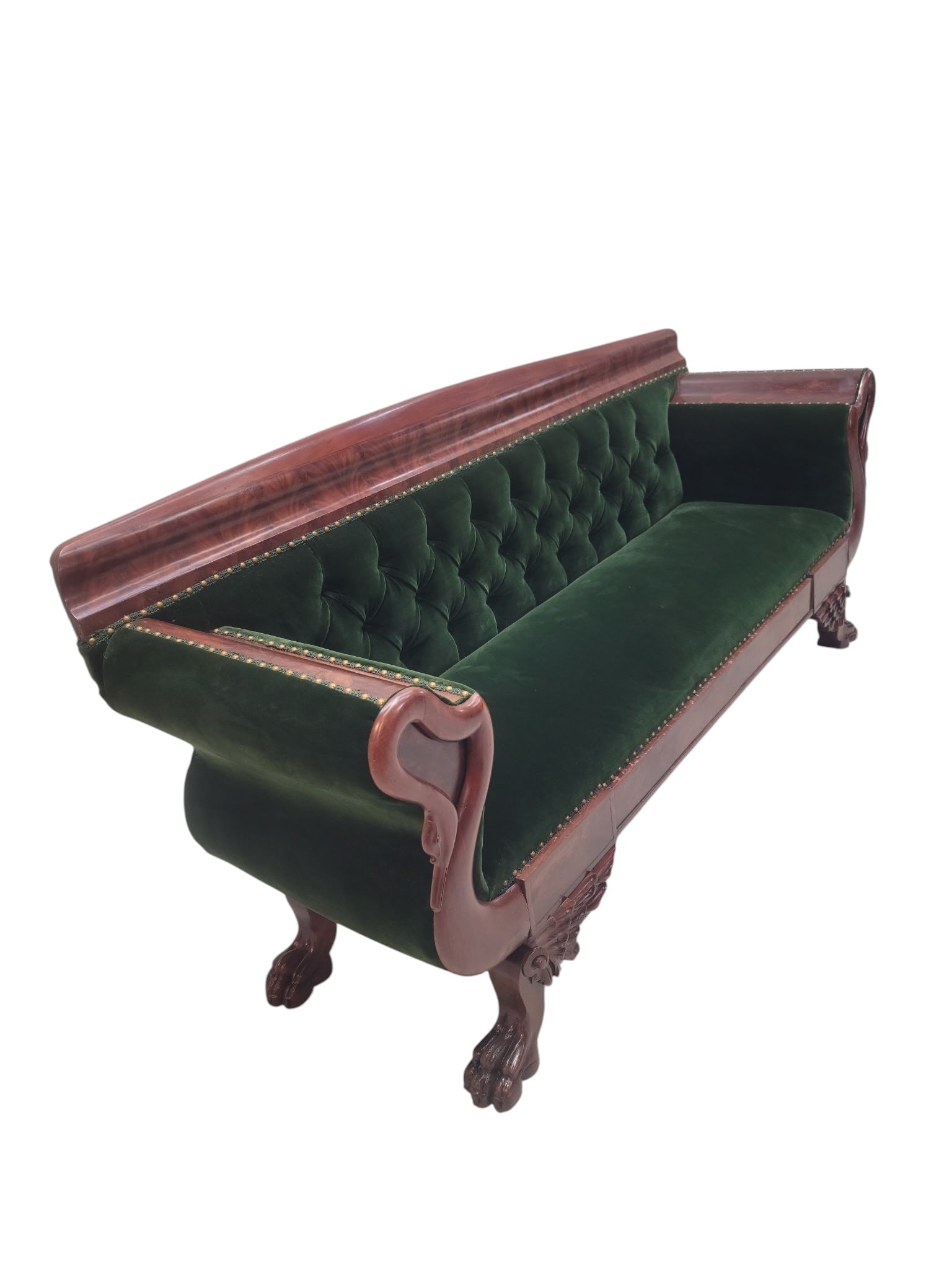 Antique Empire Style Mahogany Swan Grecian Sofa Newly Reupholstered