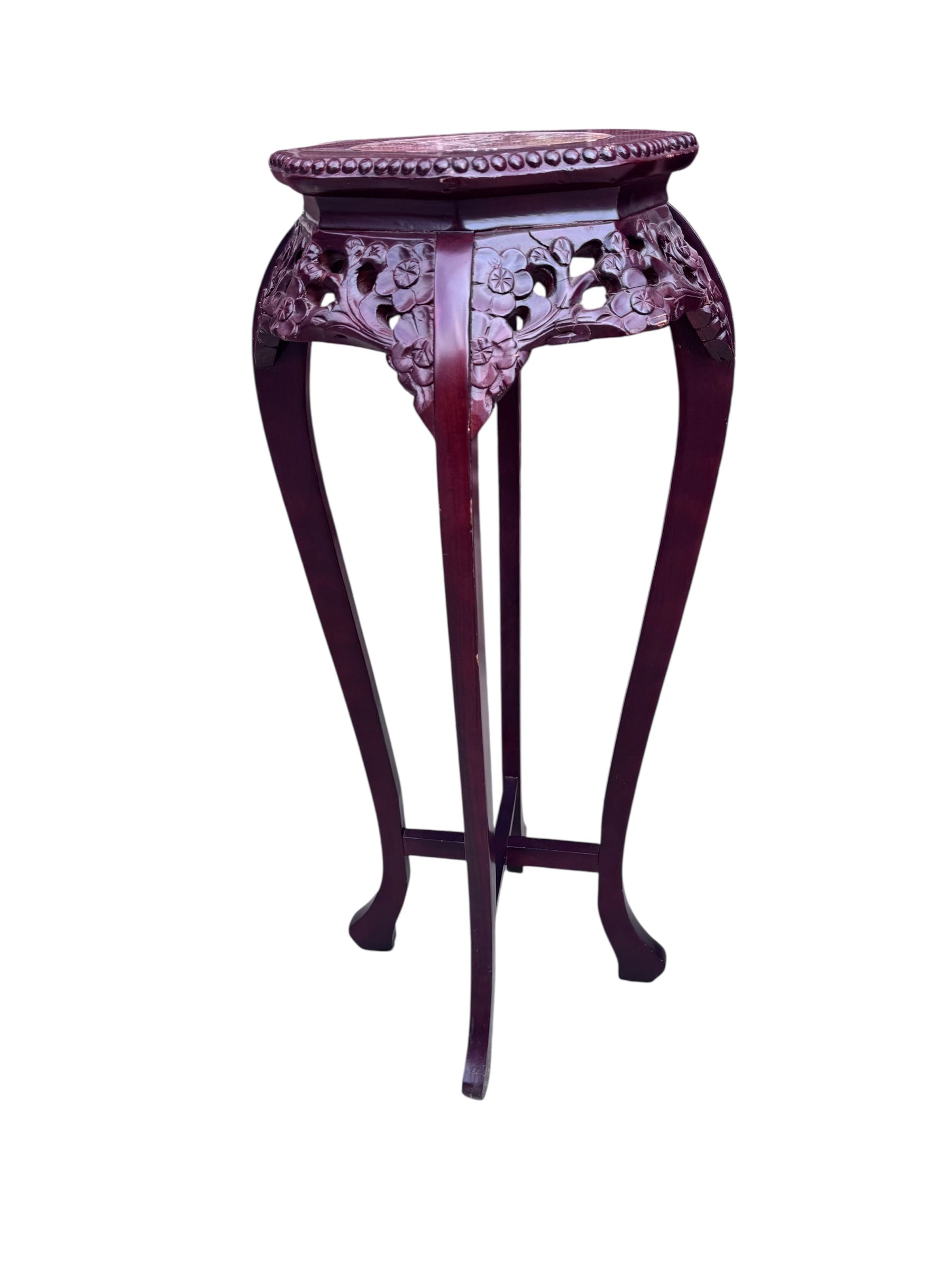 Antique Chinese Carved Marble Top Rosewood Pedestal Stand Table