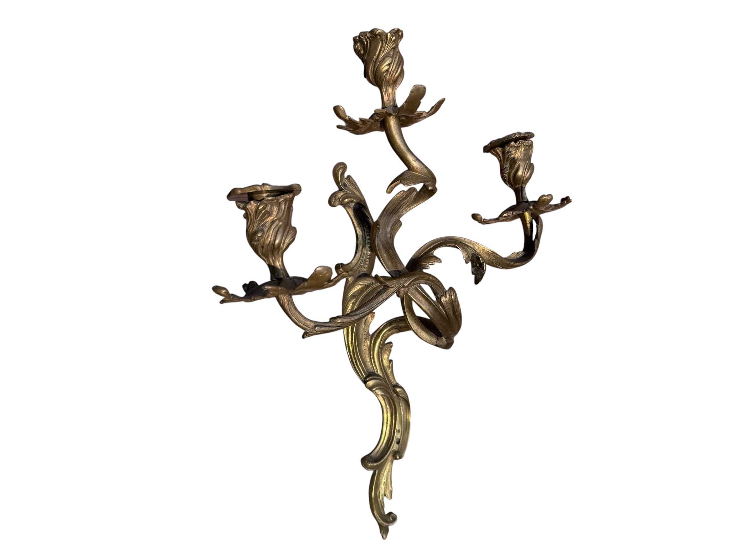 Antique French Louis XV Style Three Light Bronze Wall Candle Sconces - Pair