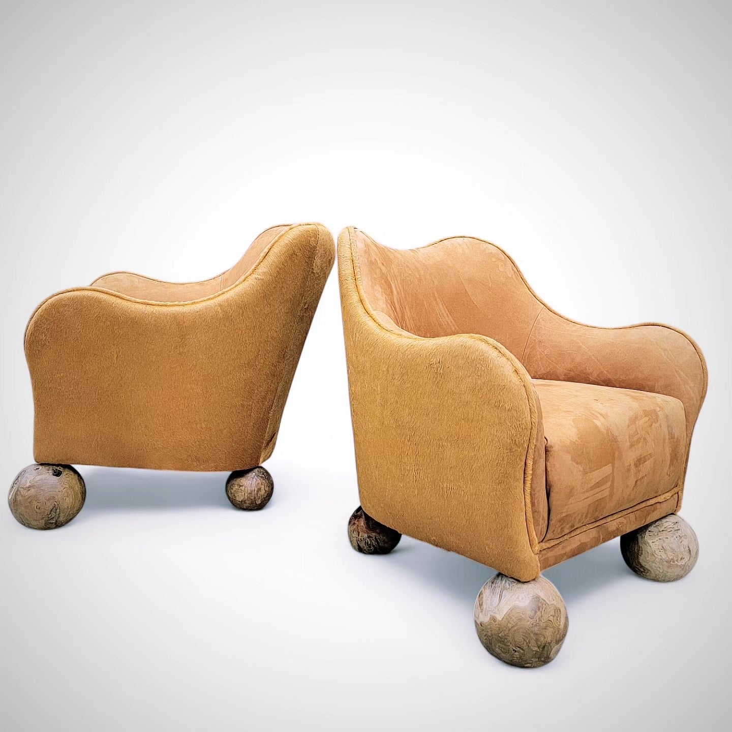 Vintage Rustic Contemporary Sculptural Club Chairs Newly Upholstered in Suede and Cowhide - Pair