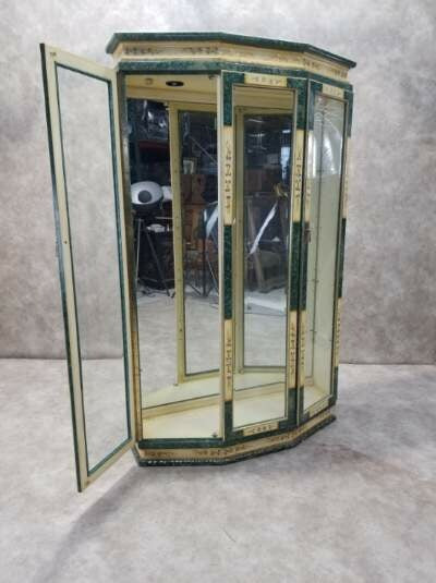 NEW - Vintage Mid Century Finely Etched Hand Painted Mackayite Green & Brass 2 Door Display Curio Cabinet