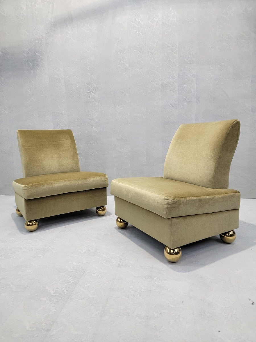 Vintage Post-Modern Redesigned Gold Mohair Slipper Chairs on Oversized Brass Ball Feet - 4 Piece Set
