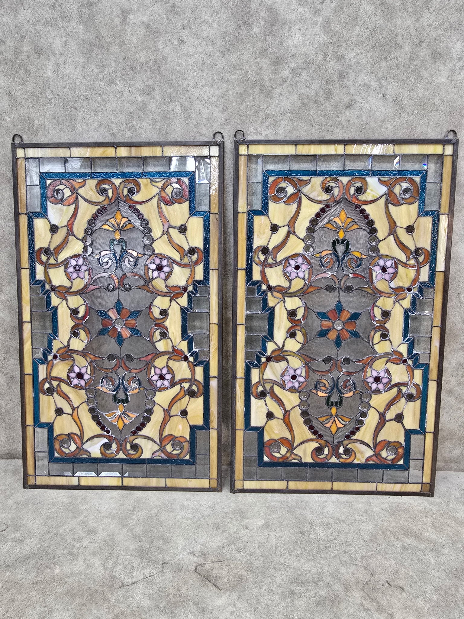Antique Multi Color Floral Stained Glass Window - Pair