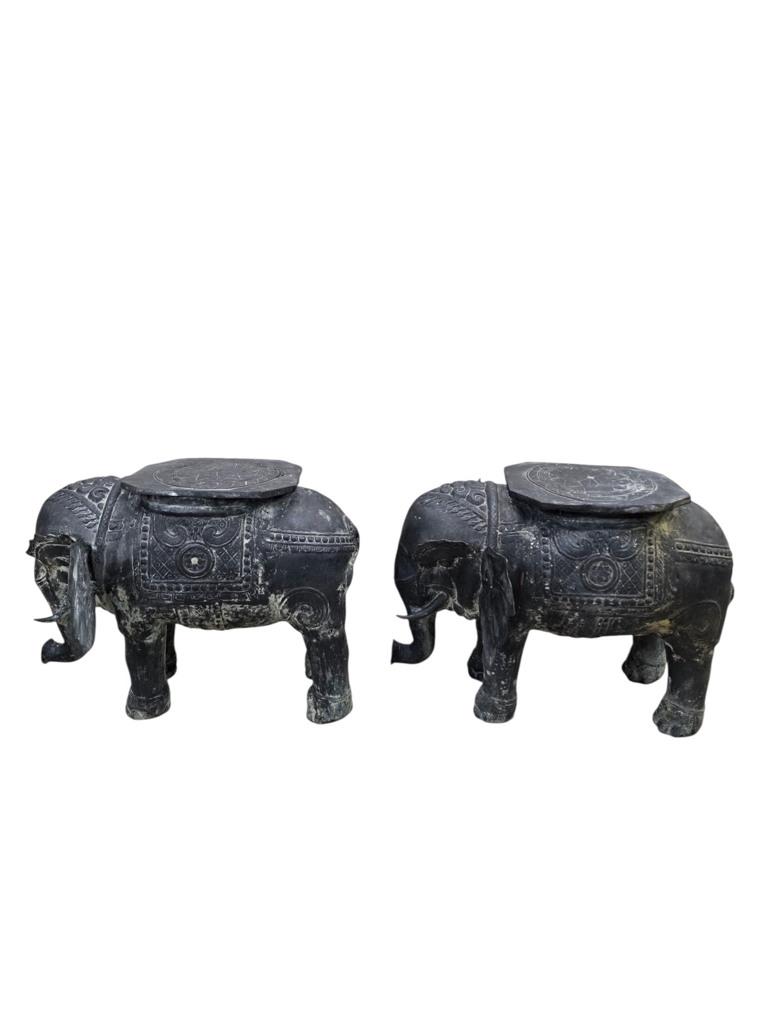 Antique Balinese Hammered Bronze Saddled Elephant Side Table