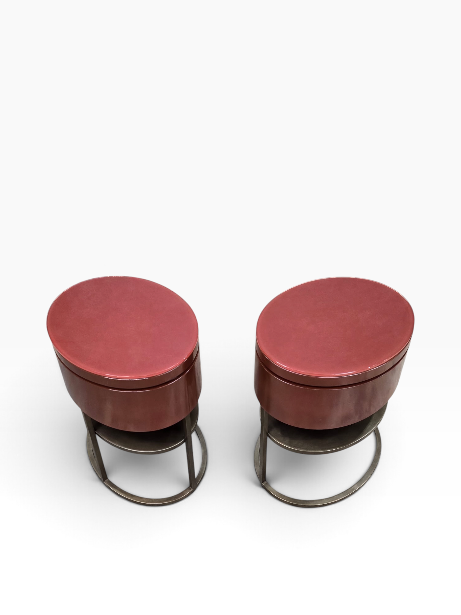 Samuelson Red Lacquered Oval Side Tables with Glass Tops & Brass Finish Stands – Pair