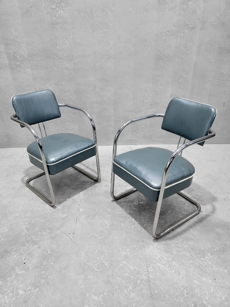 Art Deco Cantilever Chairs Attributed to Kem Weber for Lloyd’s Manufacturing Newly Upholstered in Holly Hunt Teal Metallic Full Grain Leather with White Trim - Pair