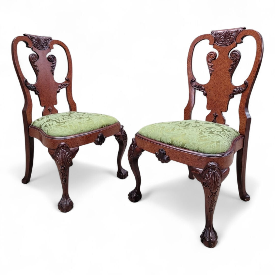Vintage Queen Anne Style Carved Mahogany Dining Chairs - Set of 12