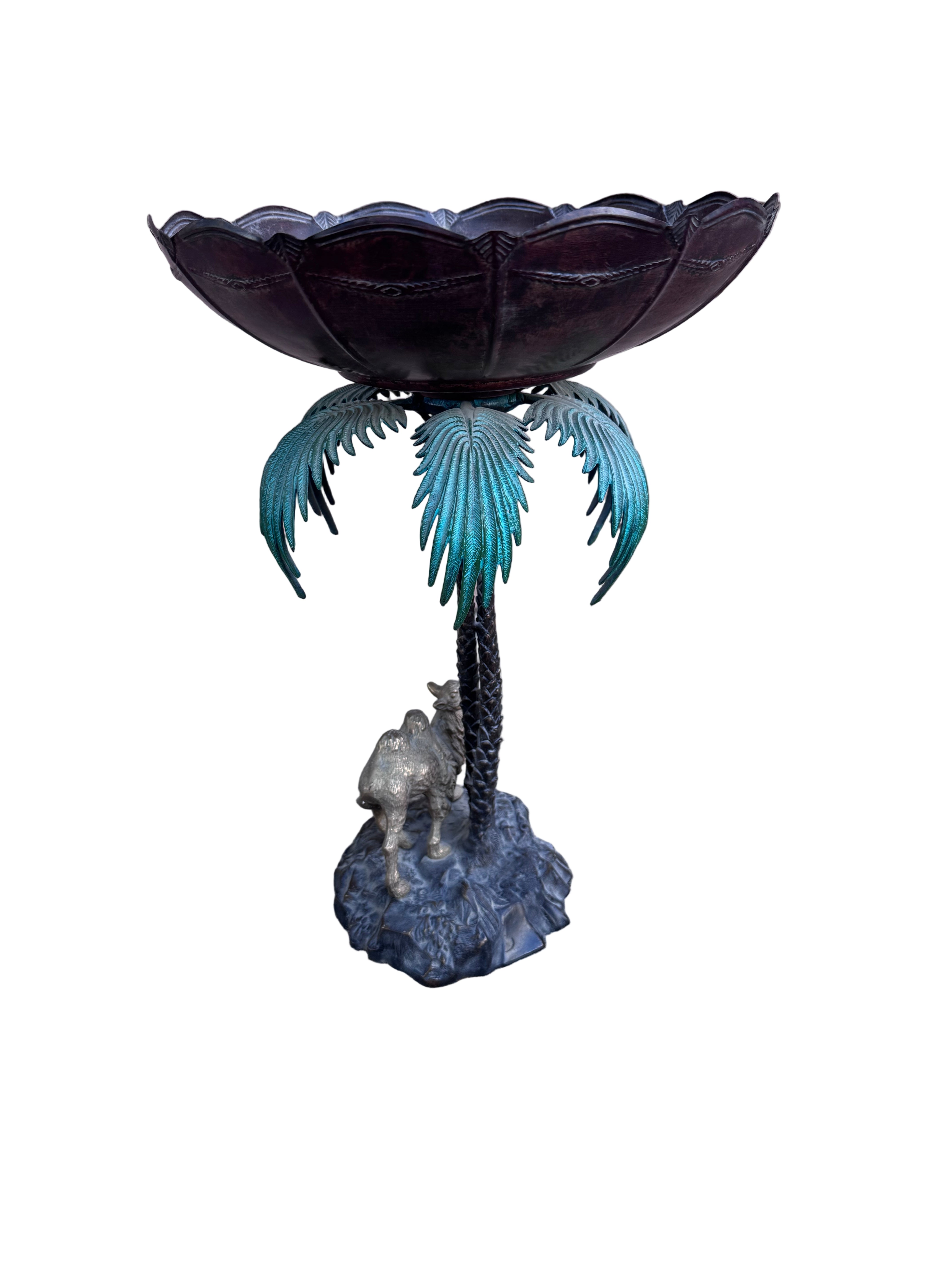 Anglo Indian Bronze Serving Bowl on a Palm Tree Stand with Camel