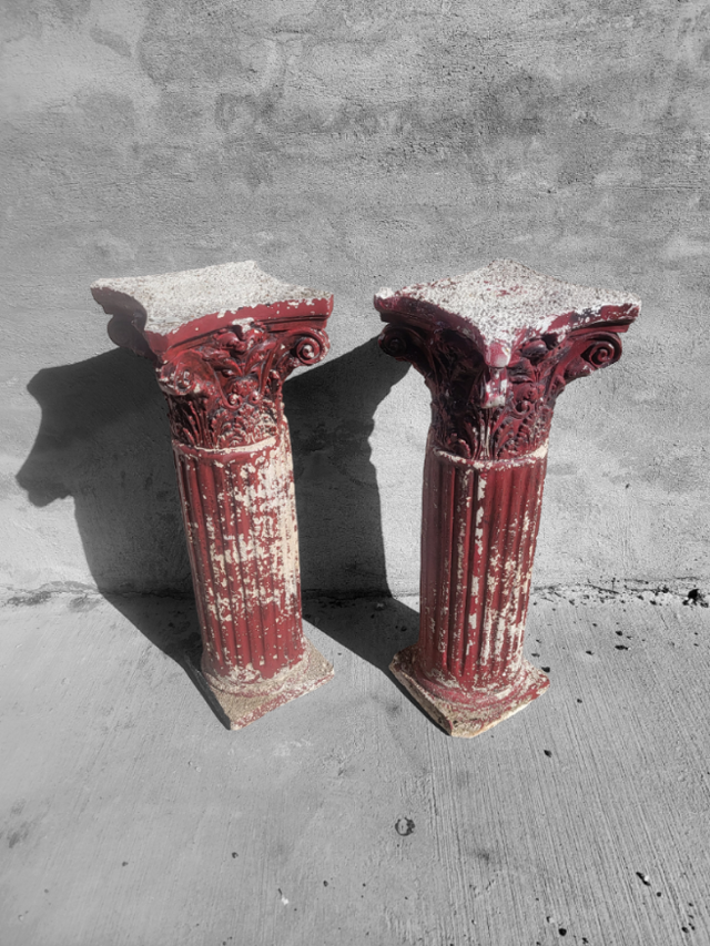 Vintage Patinated Red Resin Corinthian Column Plant Stand Pedestals - Pair