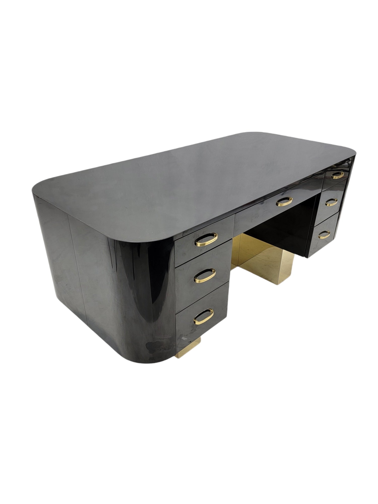 New - Vintage Postmodern French Art Deco Styled Black Lacquer and Brass Curved  Executive Desk