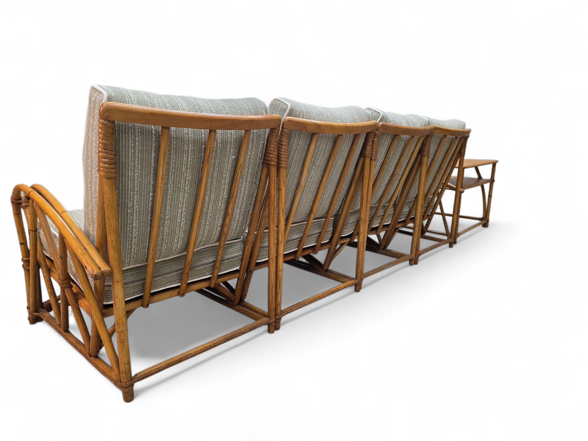 New - Mid Century Modern Coastal Bamboo 4 Piece Modular Sectional Sofa Newly Reupholstered with Two Tier Bamboo Side Tables by Heywood Wakefield