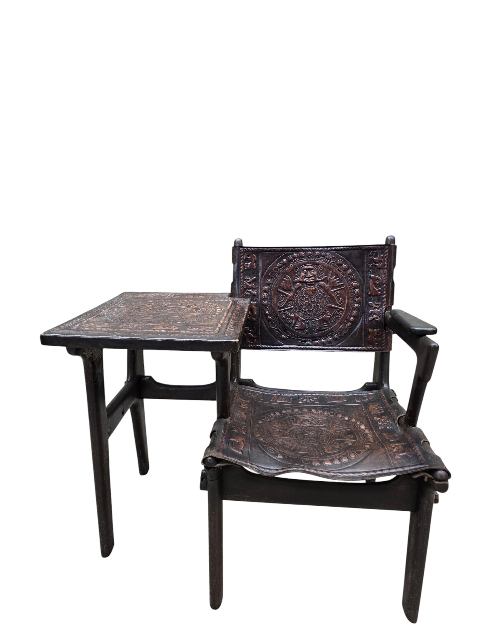 Vintage Rustic Tooled Leather Primitive Gossip Chair by Angel Pazmino