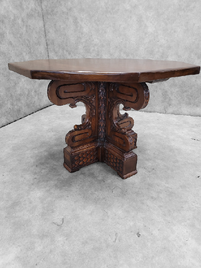 Antique Italian Baroque Style Finely Carved Ornate Mahogany Octagonal Center/Library Table