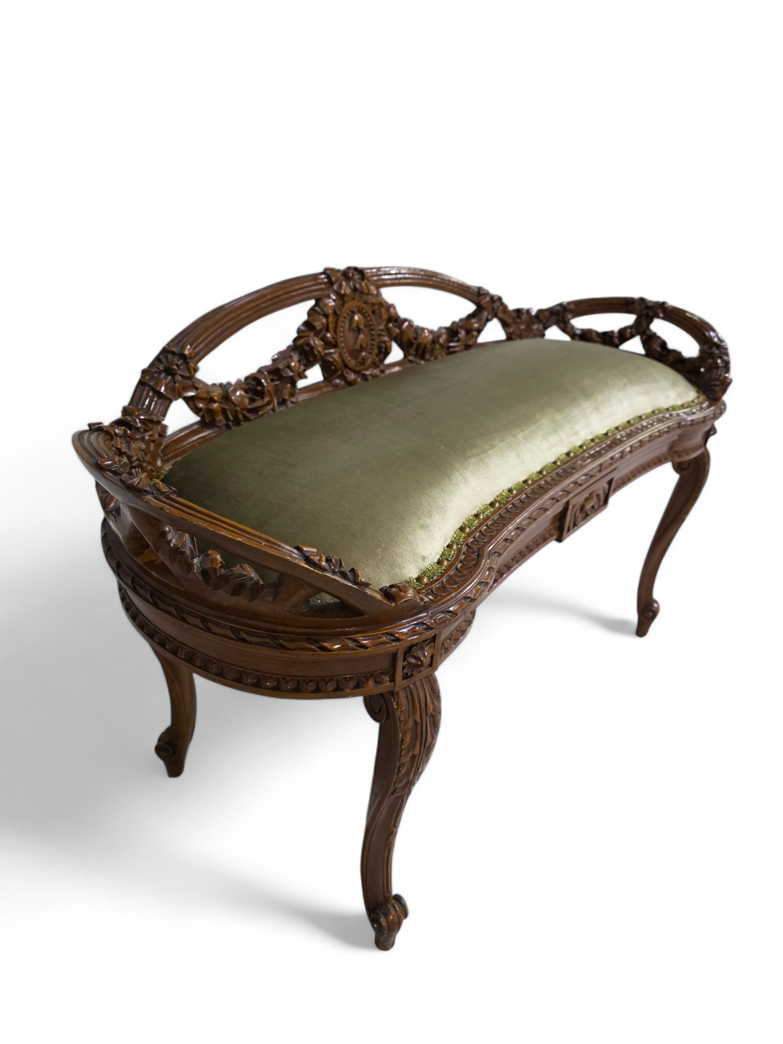Antique French Louis XVI Style Carved Walnut Window Bench