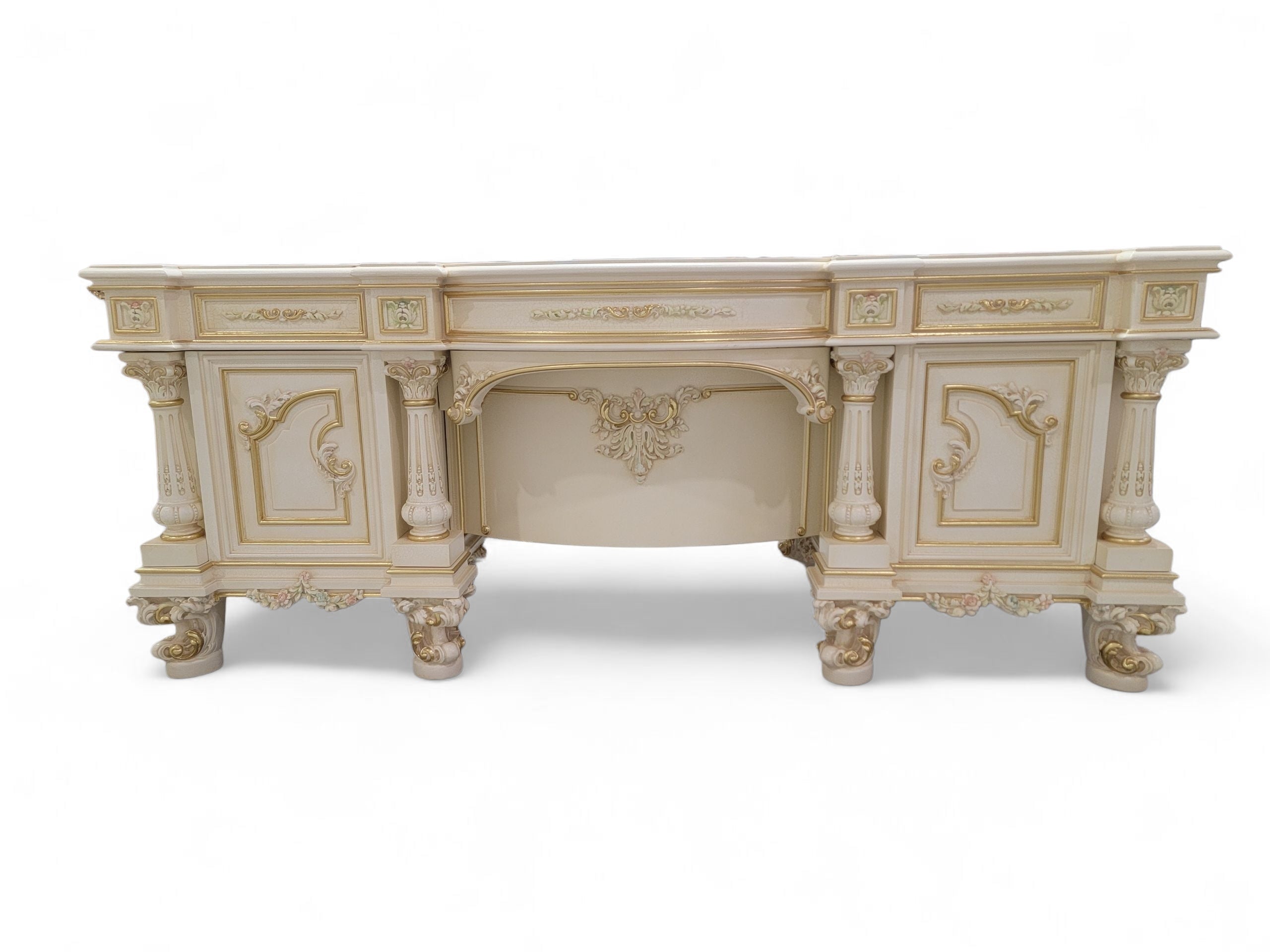 Vintage Custom Venetian Antique Rococo Style Antique White Carved Executive Desk