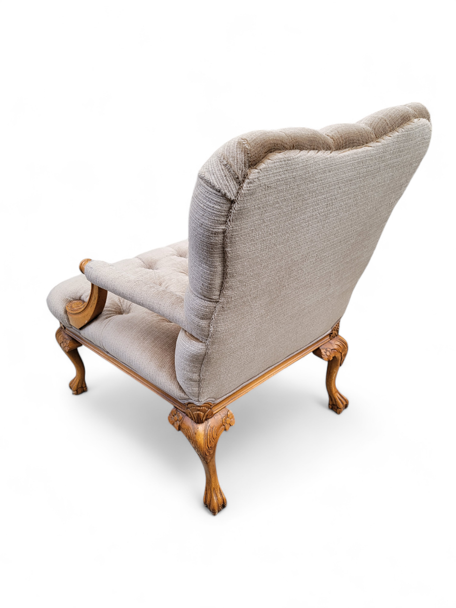 Vintage French Louis XV Style Fauteuil Tufted Armchair & Ottoman Newly Upholstered in Italian Mohair