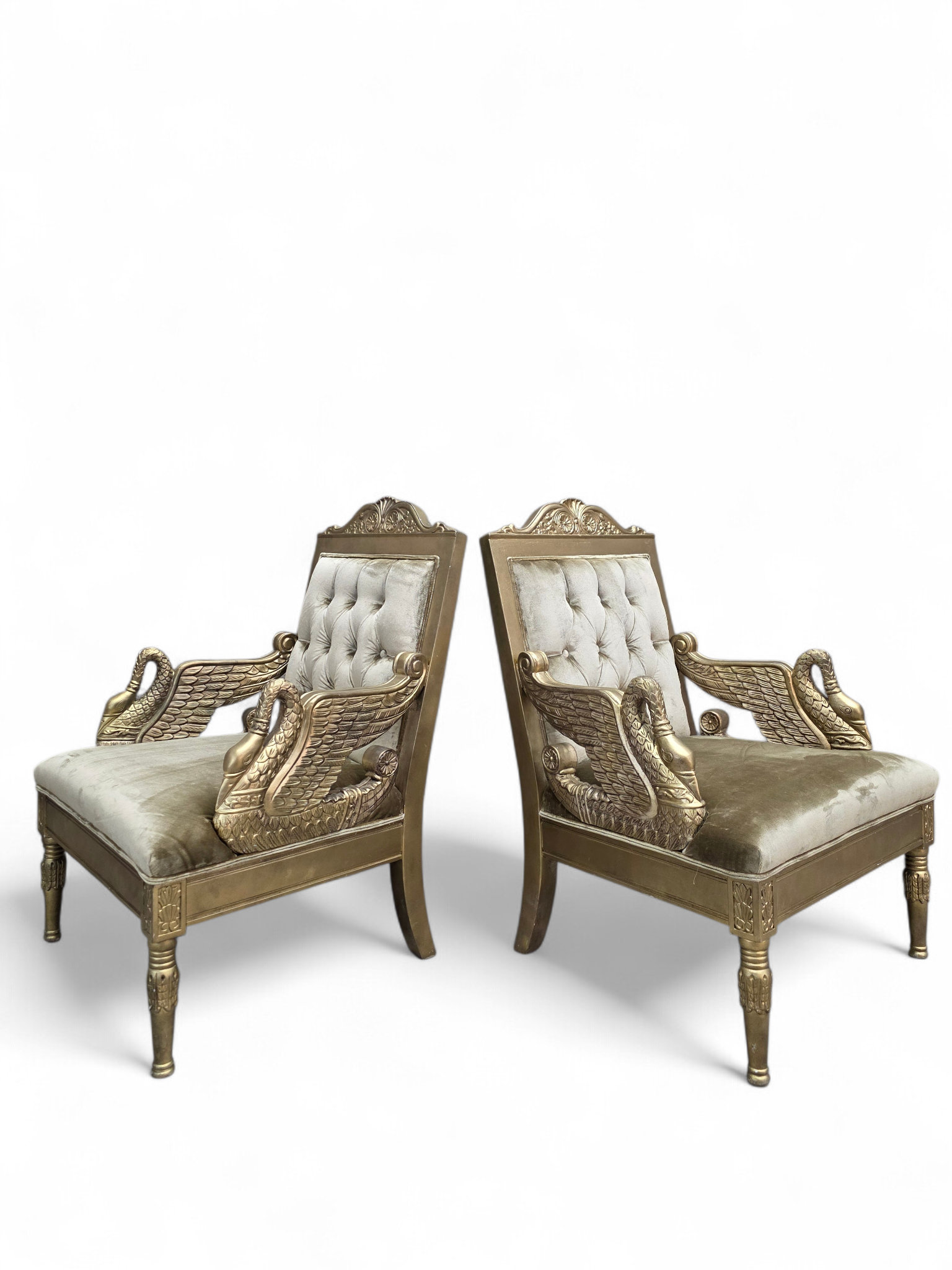 Vintage Neoclassical Empire Swan Arm Giltwood Lounge Chairs Newly Reupholstered - Pair