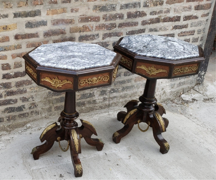 Antique French Regency Ormolu Octagon Inlaid Marble Top Side Tables - Pair