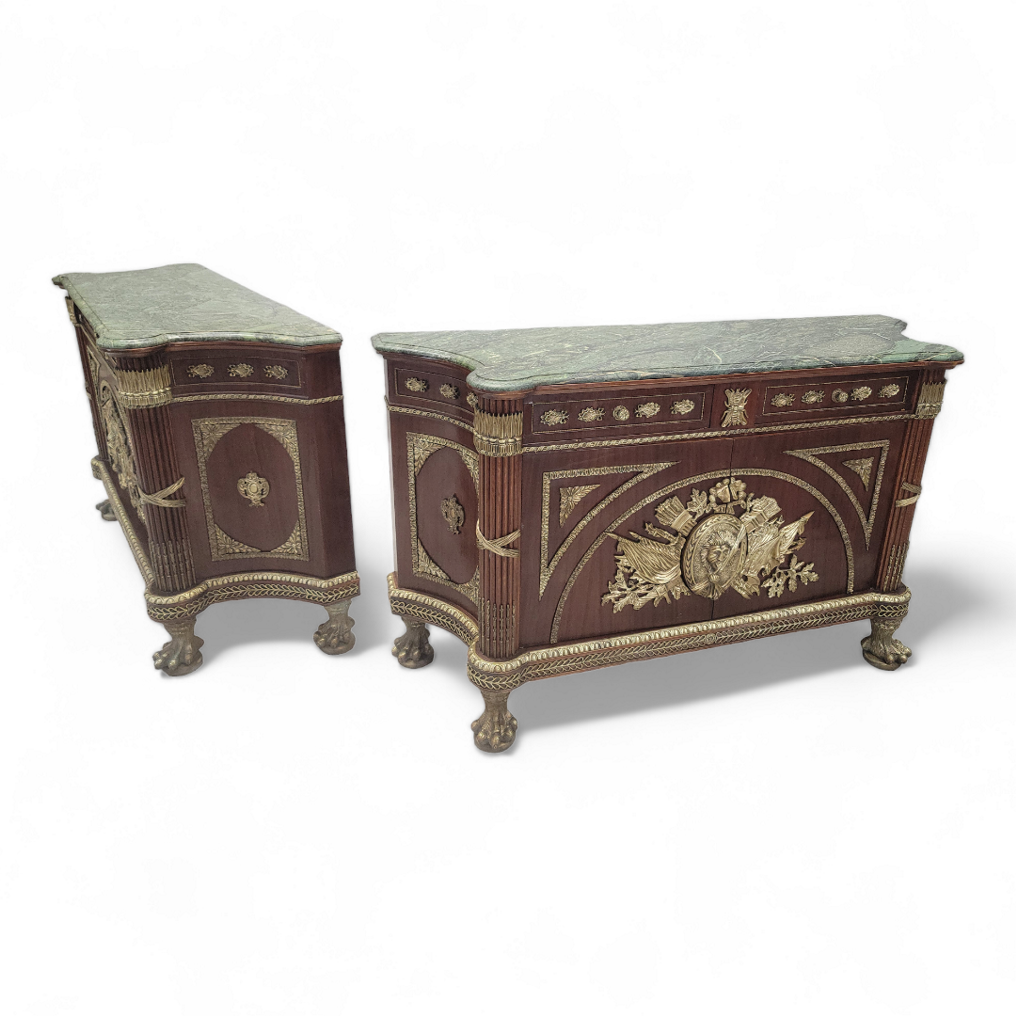 Vintage French Regency Style Brass Ormolu Mounted Marble Top Sideboard/Cabinet - Pair