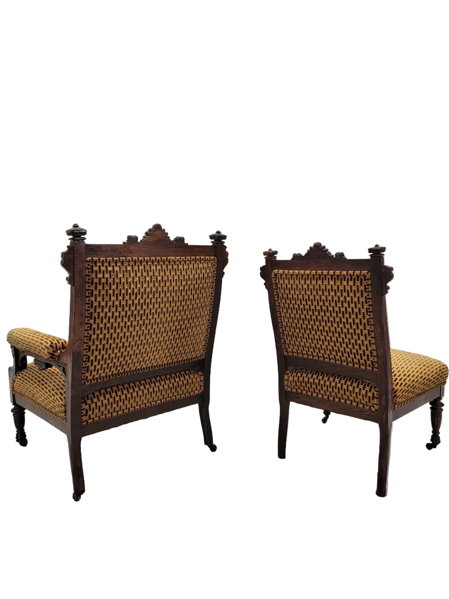 Antique Renaissance Revival Figural Carved Framed Parlor Chairs Reupholstered - Set of 2