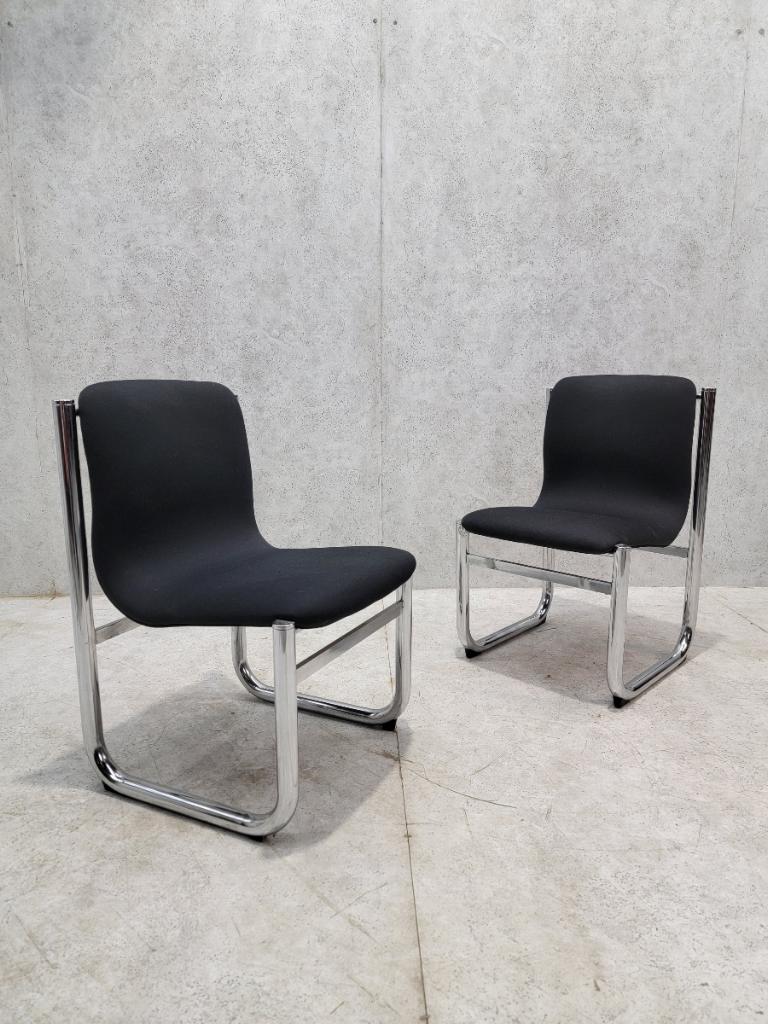 Mid Century Modern 
Hannah Morrison Style Chrome Tubular Sling Dining Chairs - Set of 4