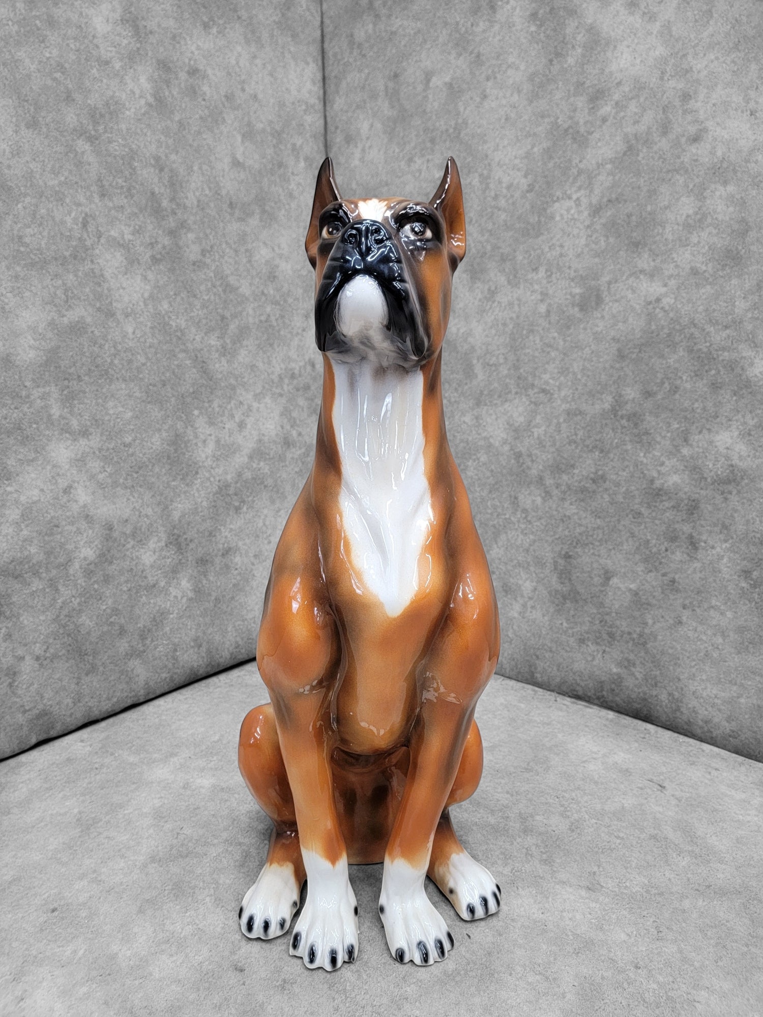 Vintage Italian Ceramic Sculpted and Hand Painted Sitting Boxer Guard Dog Statue