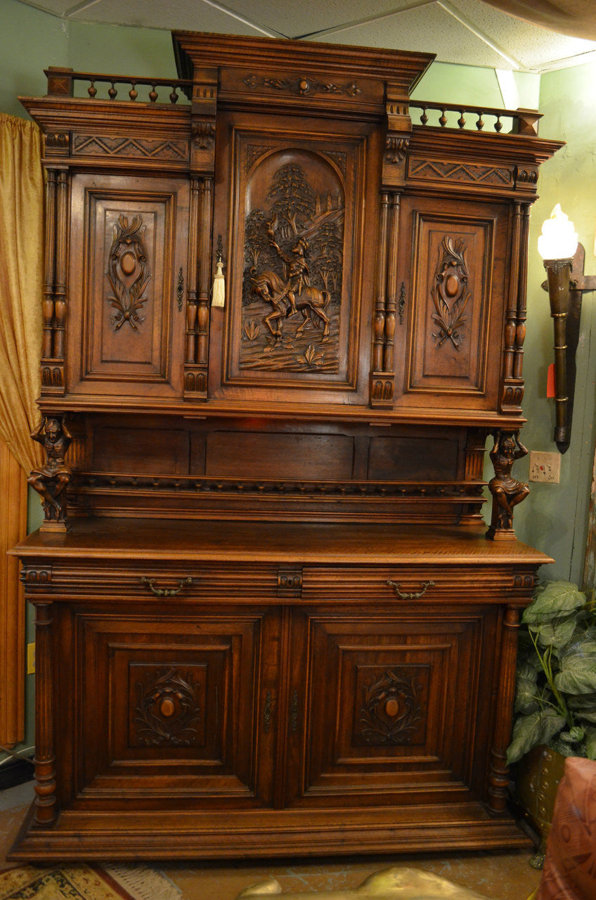 Antique French Gothic Ornate Figural Walnut Cabinet Bookcase