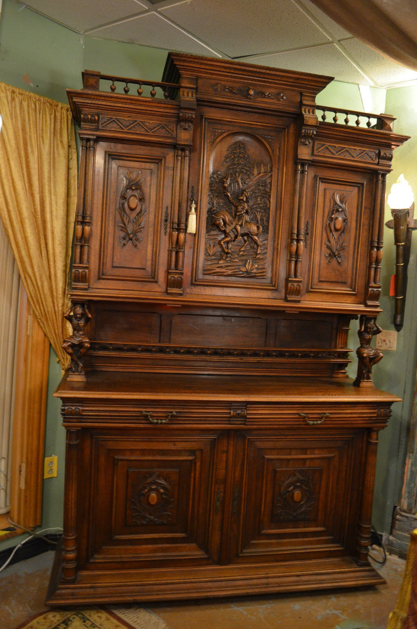 Antique French Gothic Ornate Figural Walnut Cabinet Bookcase
