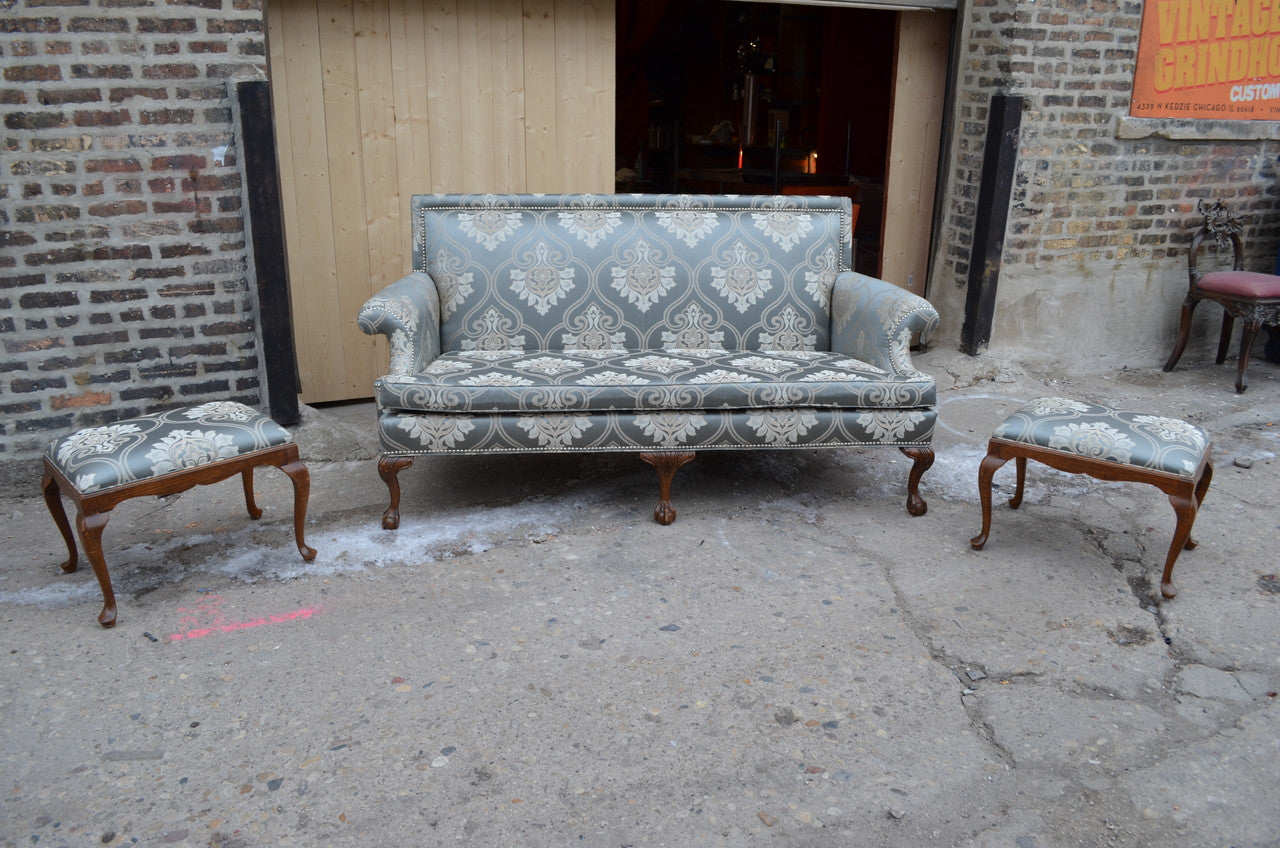 Victorian Drexel Sofa With Eagle Claw Feet and Two Ottomans Newly Upholstered - 3 Piece Set