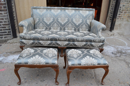 Victorian Drexel Sofa With Eagle Claw Feet and Two Ottomans Newly Upholstered - 3 Piece Set