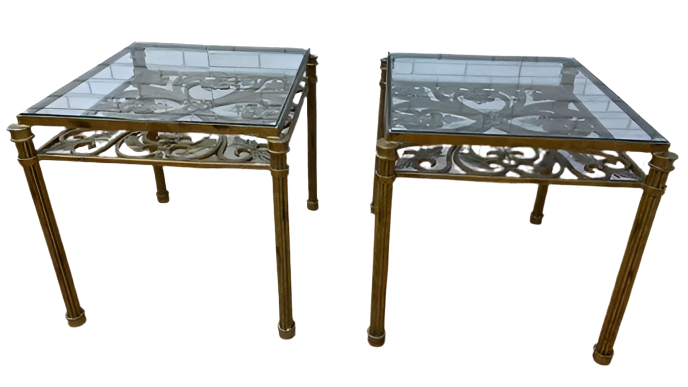 Hollywood Regency Antique Gold Forged Wrought Iron Glass Top Side Tables - Pair
