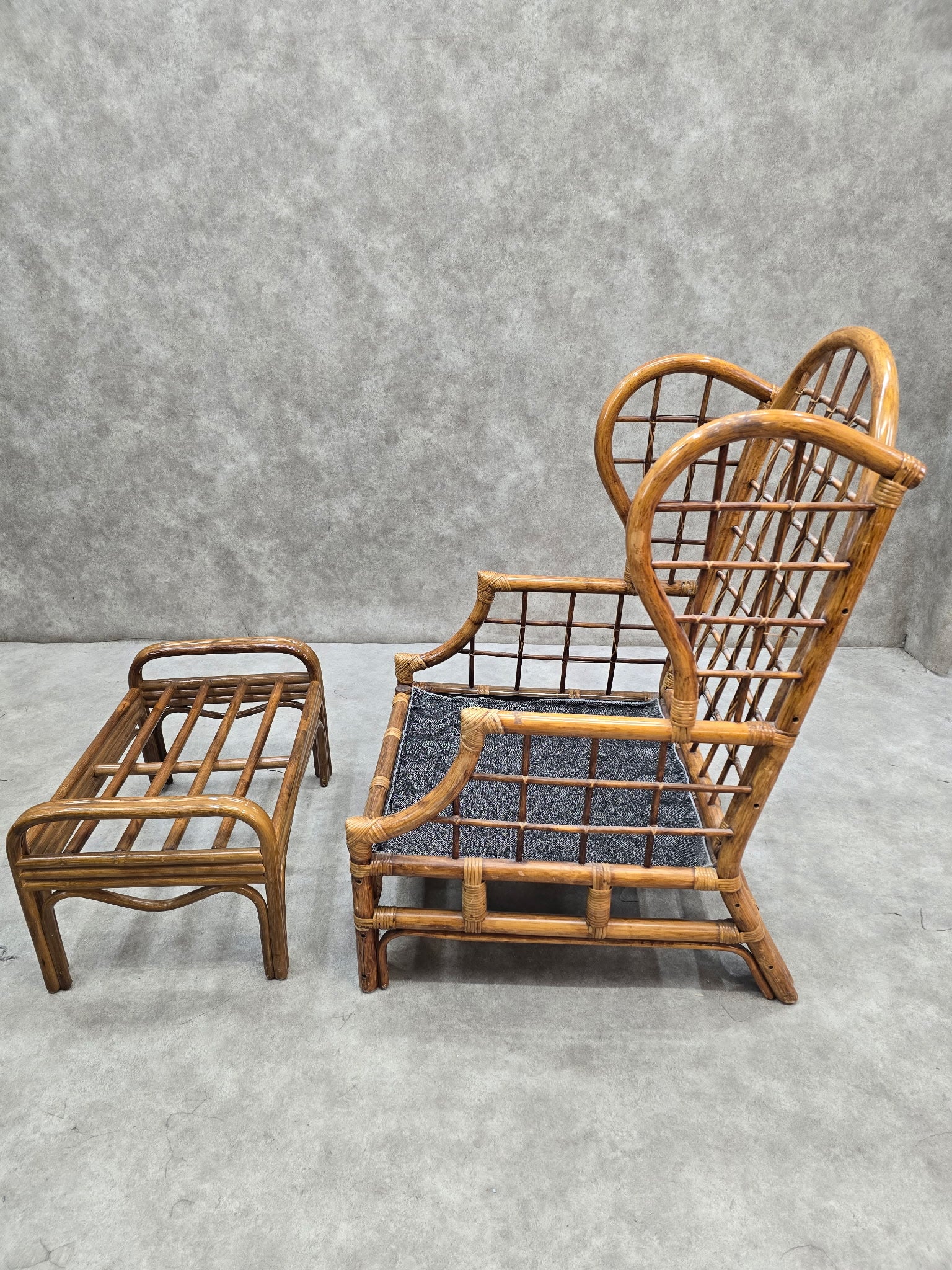 Mid Century Modern Wicker Chair and Ottoman