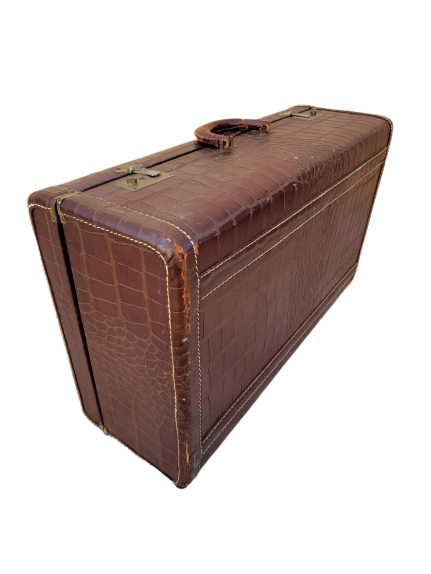 Art Deco Brown Alligator Embossed Leather Suitcase