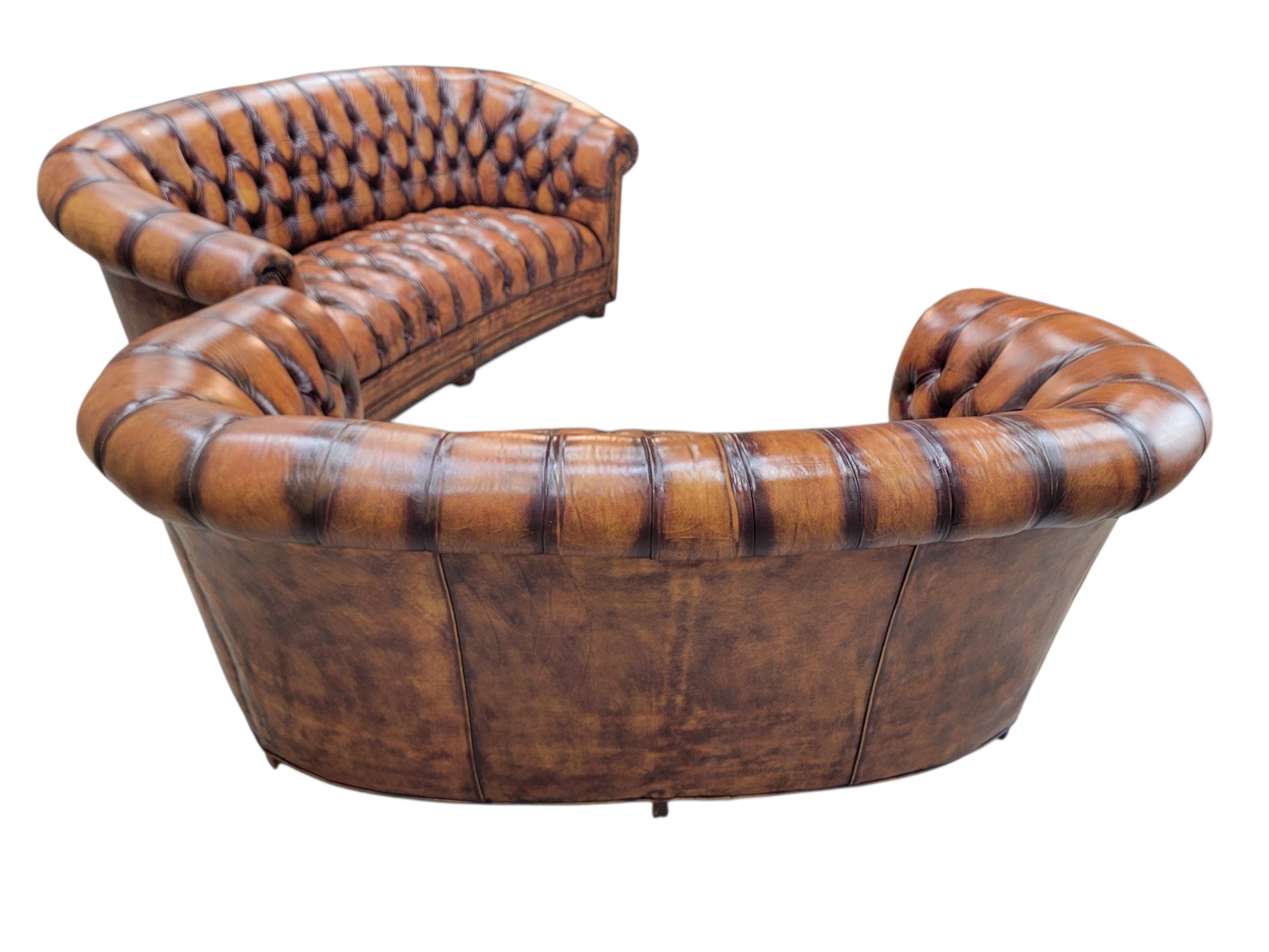 Vintage English Tufted Hand Dyed Distressed Cognac Leather Chesterfield Sofa - Pair